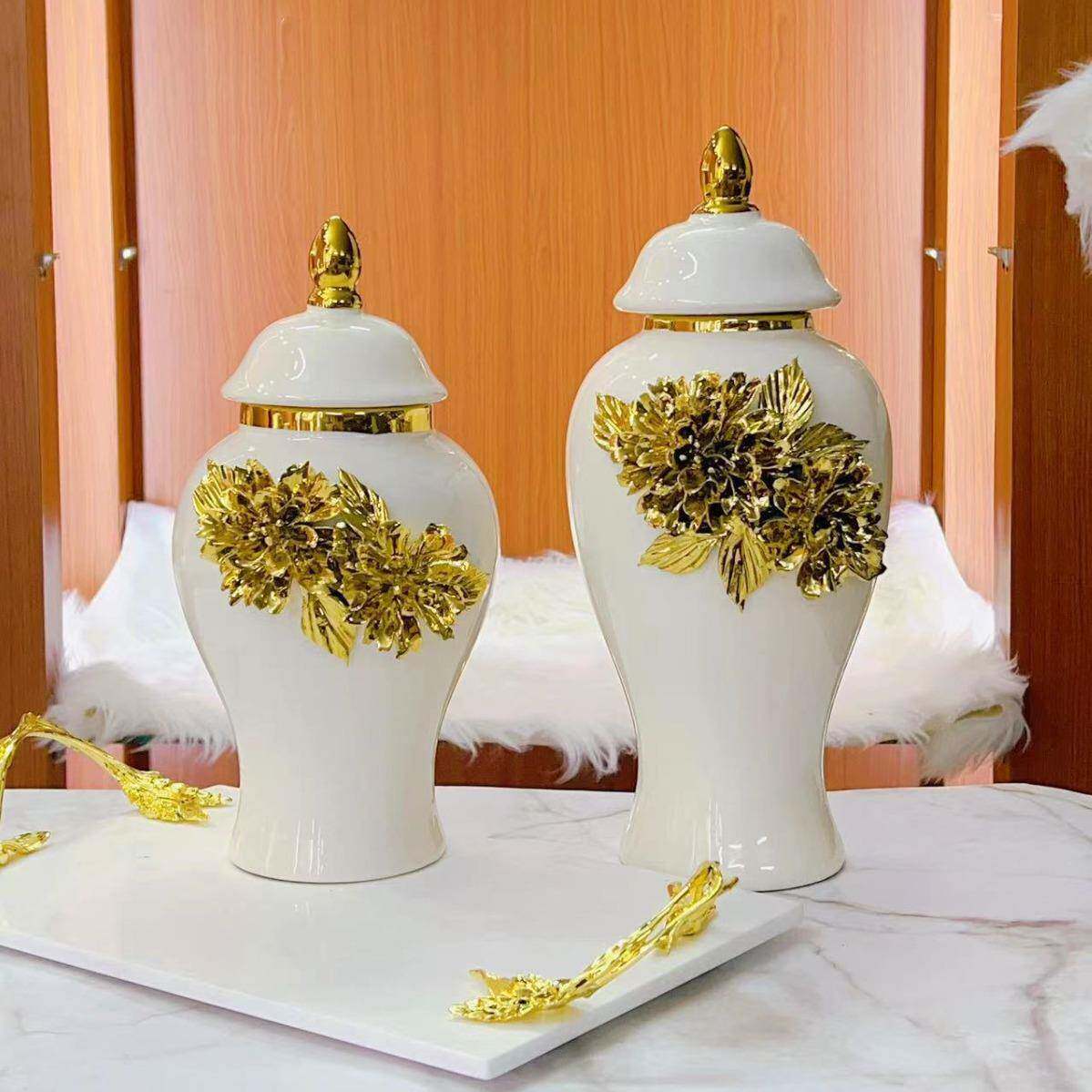 陶瓷电镀贴花金色将军罐欧式花插花瓶摆件装饰储物罐花艺储物神器