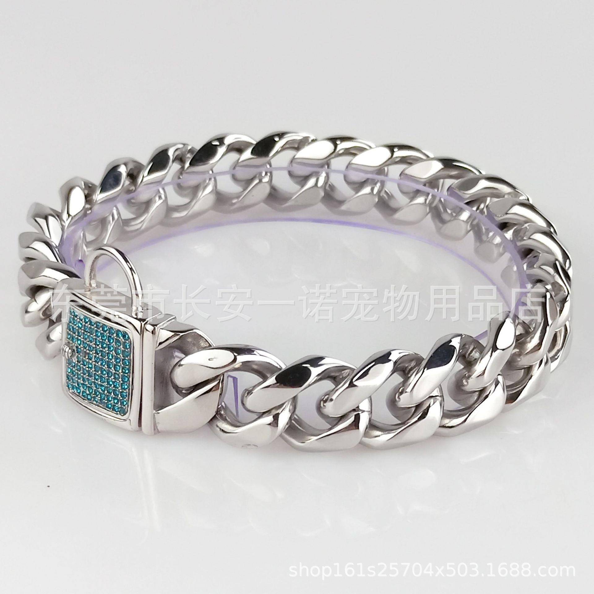 不锈钢机织链单六面狗脖圈各色钻锁头扣大中小型犬狗项圈19mm17mm
