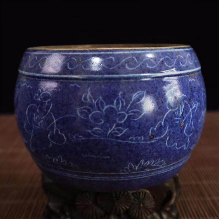 复古做旧古玩工艺品收藏瓷器（霁蓝釉人物图纹鼓形砚台）摆件