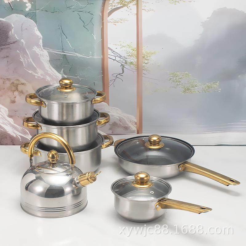 贸易12PCS管柄不锈钢不粘锅镀金把手汤锅奶锅煎盘水壶套锅