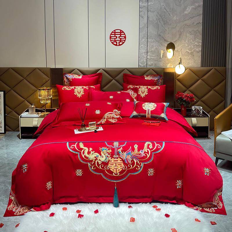 新婚快乐、中国风纯棉刺绣大红色婚庆四件套六八十多件套结婚婚床