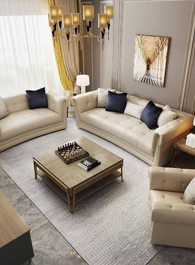 意式极简轻奢沙发现代客厅拉扣科技布三人位白色北欧直排环保皮y