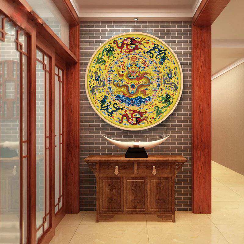 九龙图装饰画挂画龙画客厅新中式圆形挂画风水中国风迎门玄关过道