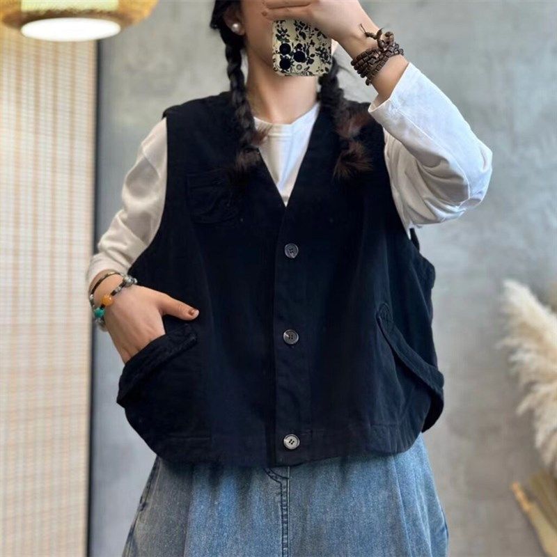 纯棉马甲女春秋季新款V领宽松大码百搭休闲马夹叠穿背心外套6621