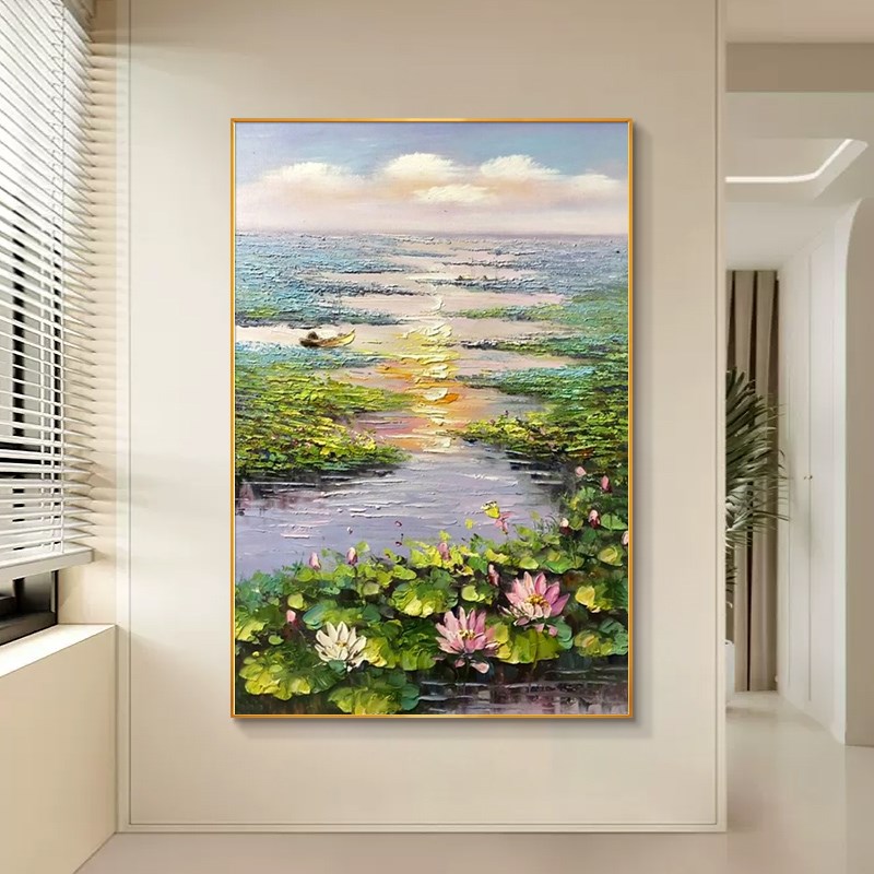 荷塘月色入户玄关装饰画高级感客厅沙发背景墙挂画大芬村手绘油画