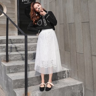 大码纱裙半身裙中长款白色仙女网纱裙秋冬显瘦垂感遮胯蕾丝百褶裙