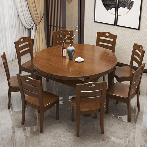 中式全实木餐桌椅组合 餐厅家用折叠伸缩圆桌 简约小户型吃饭桌子