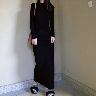 内搭小高领打底裙到脚踝 过膝超长款连衣裙 长袖包臀紧身薄针织裙