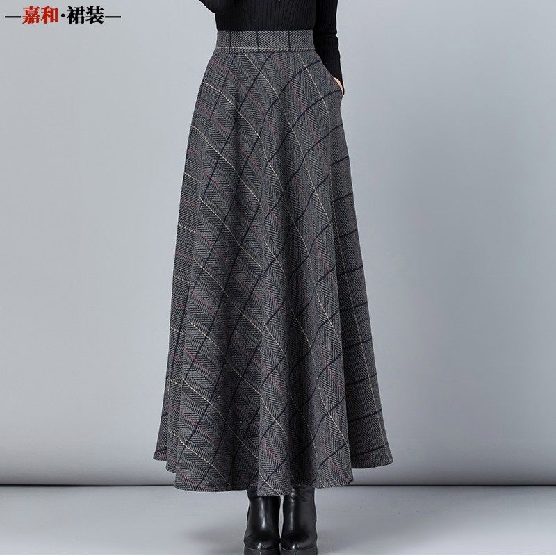 2021秋冬毛呢格子半身裙女百搭高腰A字裙中长款加厚显瘦大码长裙
