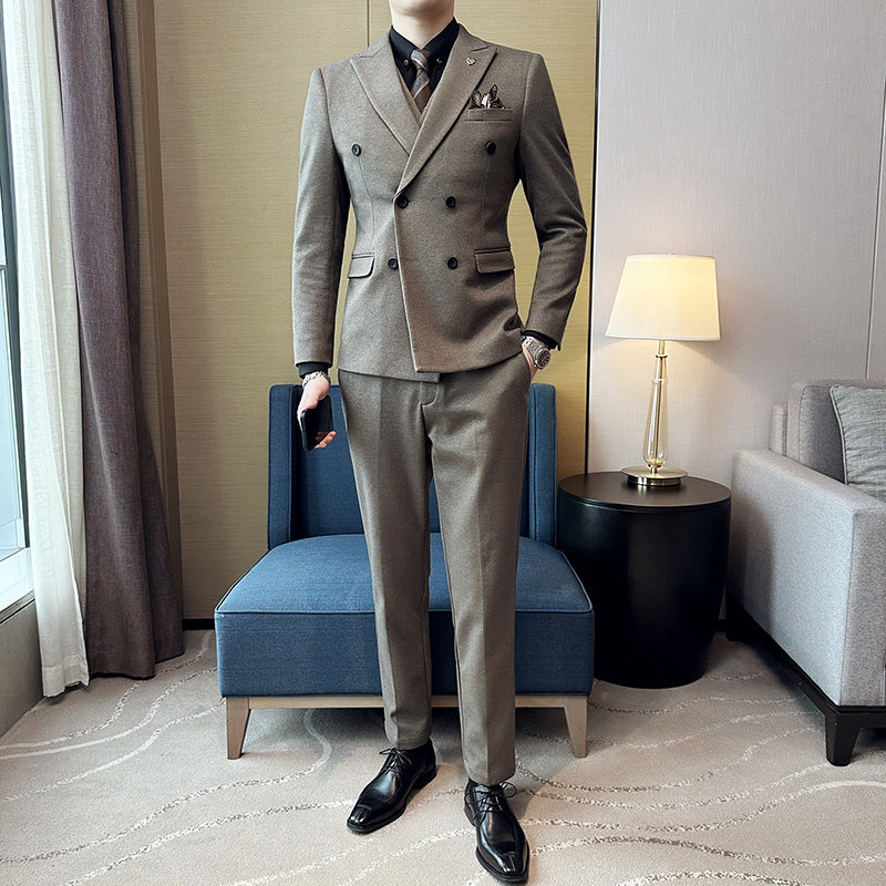 秋冬毛呢西装套装男高级感双排扣男装加厚妮子修身西服正装英伦风
