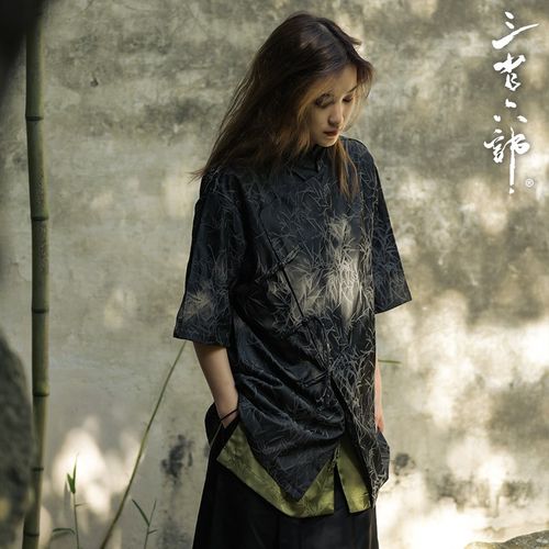 三省六部【吏部大黑天】夏季中式改良暗纹斜襟盘扣立领短袖衬衫