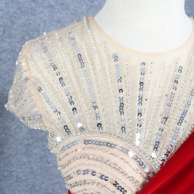 酒红色绒面晚礼服包肩鱼尾大摆修身名媛气质长裙主持人年会敬酒服