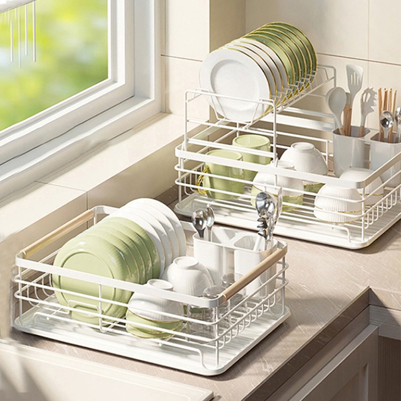日式厨房置物架家用台面碗架沥水架多功能双层白色碗碟架
