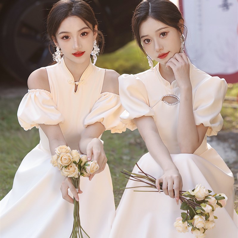 伴娘服2024新款香槟色缎面高级小众姐妹团晚礼服裙女日常可穿夏季