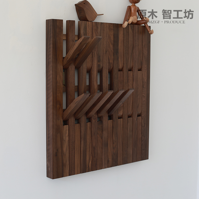 原木智工坊 墙上置物架墙壁衣帽架壁挂隔板黑胡桃挂衣架木条客厅