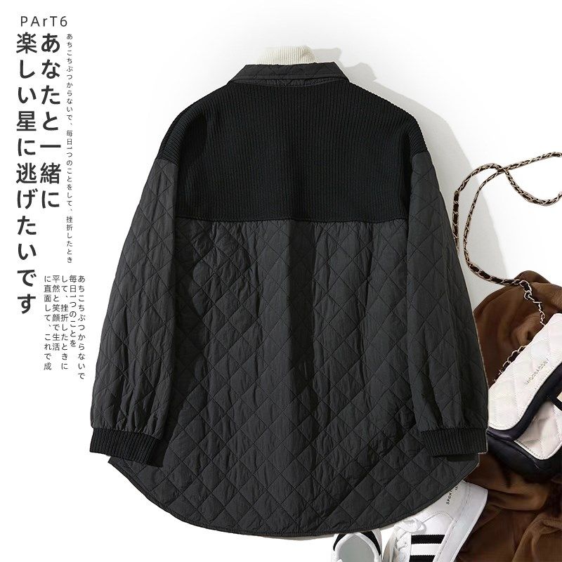 设计感针织拼接夹棉衬衫女秋冬胖妹妹宽松休闲百搭保暖棉服外套潮