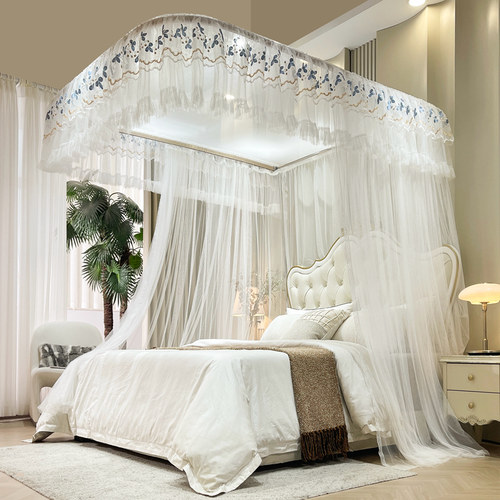 公主风导轨蚊帐家用卧室高级三开门U型轨道1.8m加密加厚纹账床幔