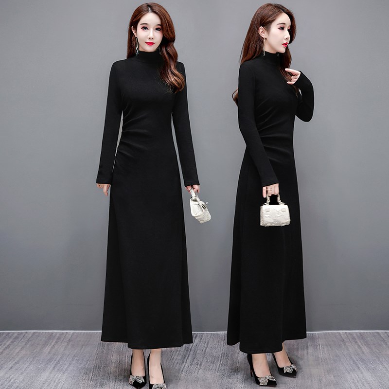 黑色高领针织打底连衣裙女秋冬配大衣显瘦内搭包臀裙加厚毛衣长裙