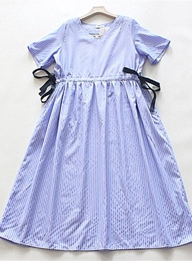 胖MM日单大码蓝色条纹连衣裙女夏季新款文艺森系收腰显瘦法式长裙