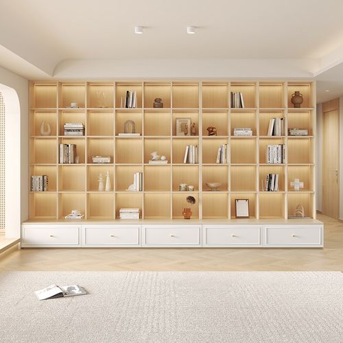 日式原木风书橱书架客厅书柜一体整墙去客厅法式轻奢家用书柜定制