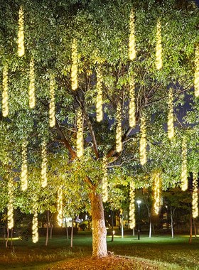 led鞭炮流星灯户外庭院大树上挂灯亮化装饰彩灯亮化造景布置串灯