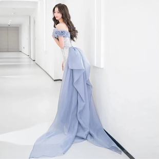 宴会晚礼服裙女2023新款高端鱼尾高级感轻奢小众一字肩主持人晚装