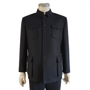 冬季父亲加厚中山装斜纹雪花呢高档中老年民族服装毛料呢子套装男