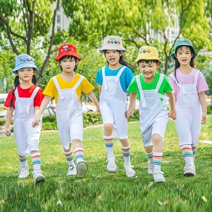 儿童大合唱表演服男女童彩色T恤花童背带短裤 幼儿园毕业演出服装