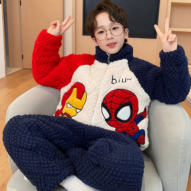 男童三层夹棉蜘蛛侠睡衣秋冬款男孩加绒加厚法兰绒儿童家居服套装