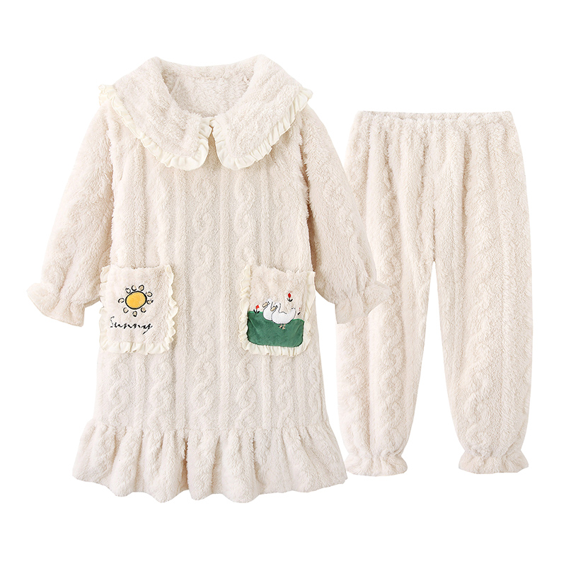 儿童法兰绒睡衣冬季小孩女童睡袍珊瑚绒加厚款套装米色口袋家居服