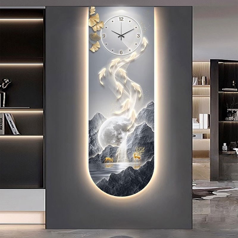 壁灯九鱼图玄关装饰画LED发光静音钟表入户正对门挂钟客厅灯光画
