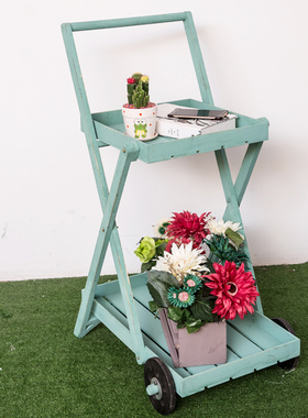 创意田园风实木花架 室内推车花架 花店服装店咖啡厅木质装饰摆件