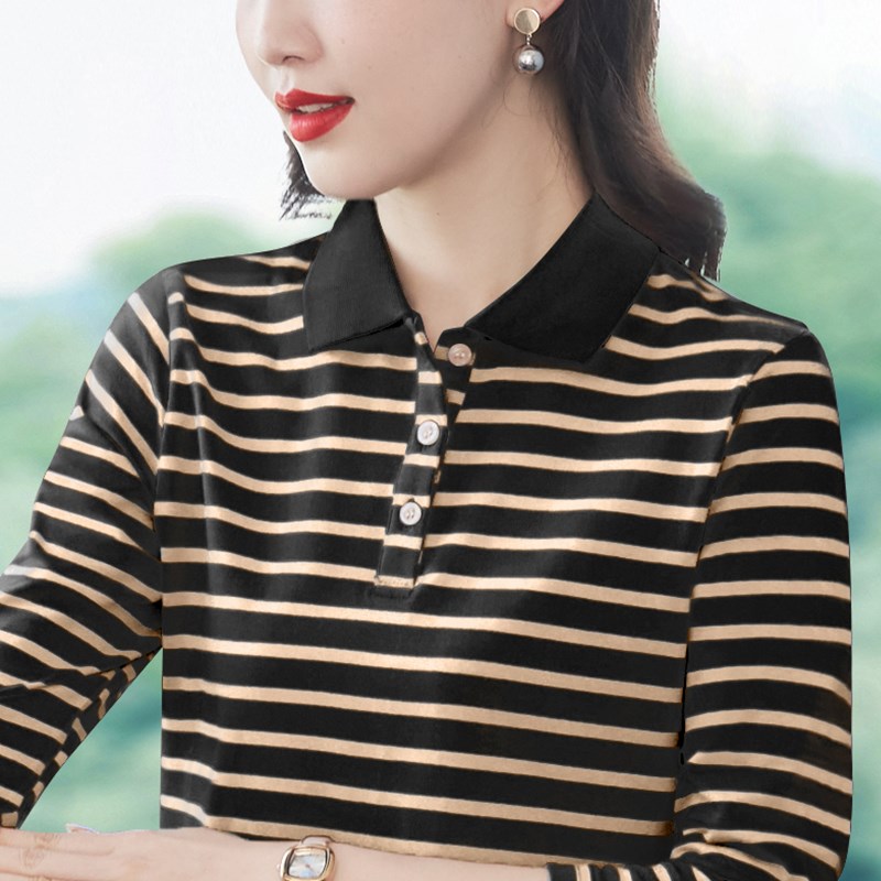 女士衬衫纯棉长袖条纹T恤女秋冬2024新款中年妈妈显瘦翻领polo衫t