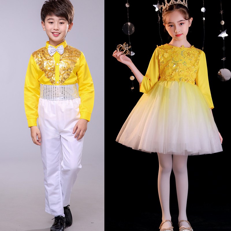 元旦儿童合唱服长袖黄色诗歌朗诵幼儿表演服装男女童蓬蓬裙演出服
