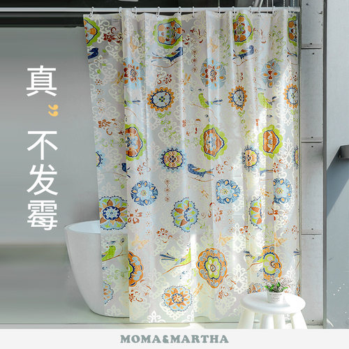 默玛EVA加厚防霉浴帘中式花鸟复古风格含C型挂钩