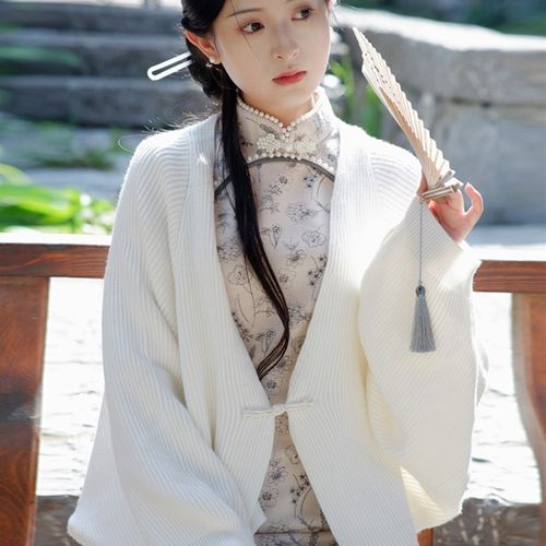 花开栀夏配旗袍外搭开衫女秋季中国风复古毛衣中长款文艺针织外套