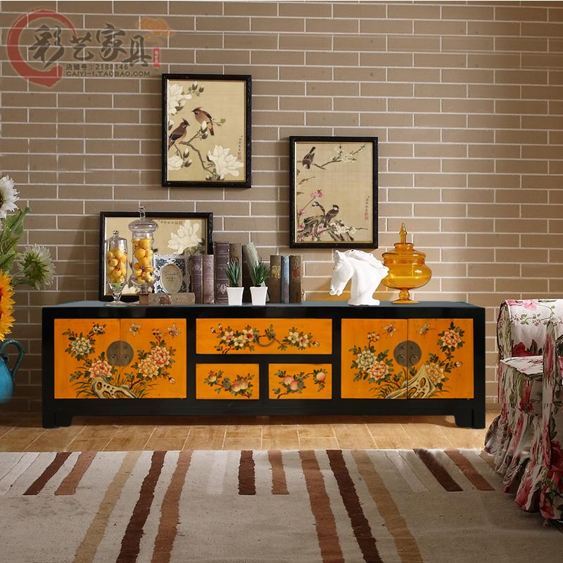 新中式电视柜实木复古彩绘榆木家具手绘做旧客厅储物柜收纳柜地柜
