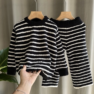 儿童睡衣套装 毛线衣男女童条纹半边绒家居服两件套毛线衣 2023冬季