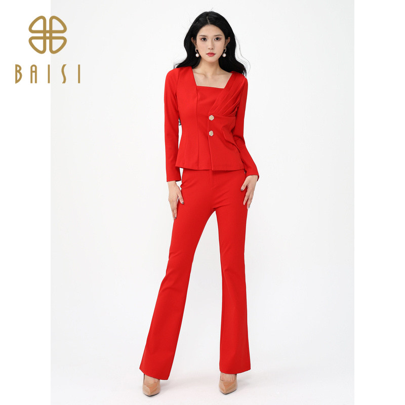 百丝洋气喜庆褶皱长袖微喇叭套裤2024秋季新品贵气职业套装女,女装/女士精品,时尚套装,淘宝优惠券,粉丝福利购,淘宝优惠卷