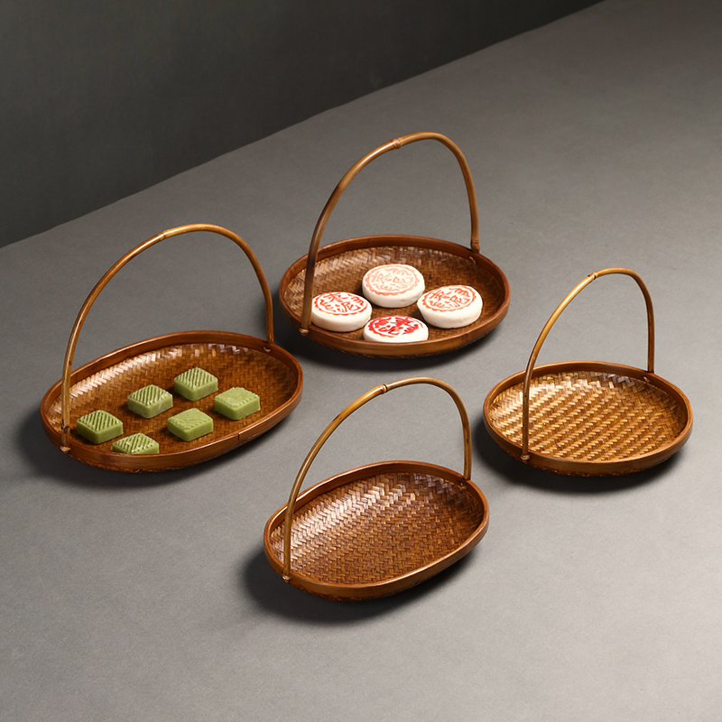 竹编大漆果篮圆形复古手提篮水果点心糕点篮竹篮子手工竹制品中式