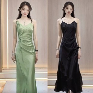 吊带连衣裙女v领修身 包臀开叉性感中长裙A字裙缎面高级感气质裙子