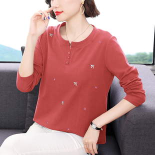 上衣打底衫 纯棉长袖 女装 百搭中年妈妈大码 t恤女宽松2023春秋新款