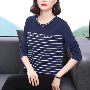 中年宽松洋气显瘦打底衫 上衣圆领新款 T恤女秋装 妈妈纯棉条纹长袖