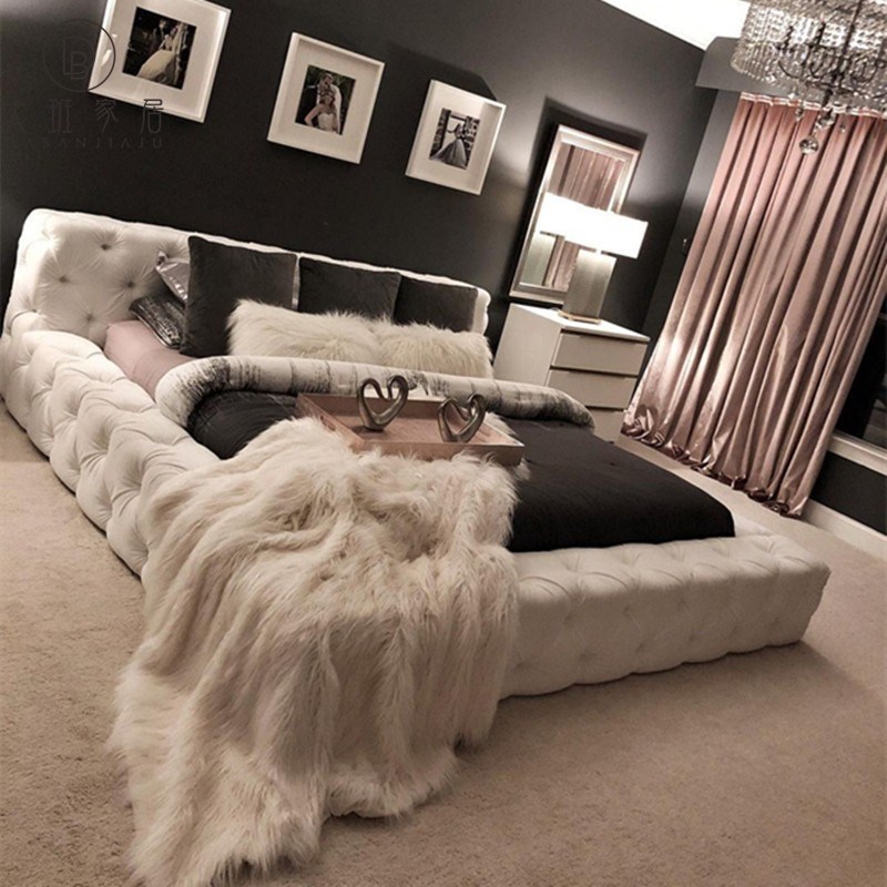 北欧轻奢极简2米双人落地床复古布艺拉扣矮床1.8米婚床主卧室大床