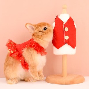 兔兔新年衣服宠物兔侏儒垂耳兔兔外出装扮双层蕾丝碎花礼服公主裙