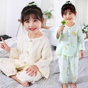 麦芽可3047夏季纯棉双层泡泡棉纱儿童薄款睡衣家居服男女童空调服