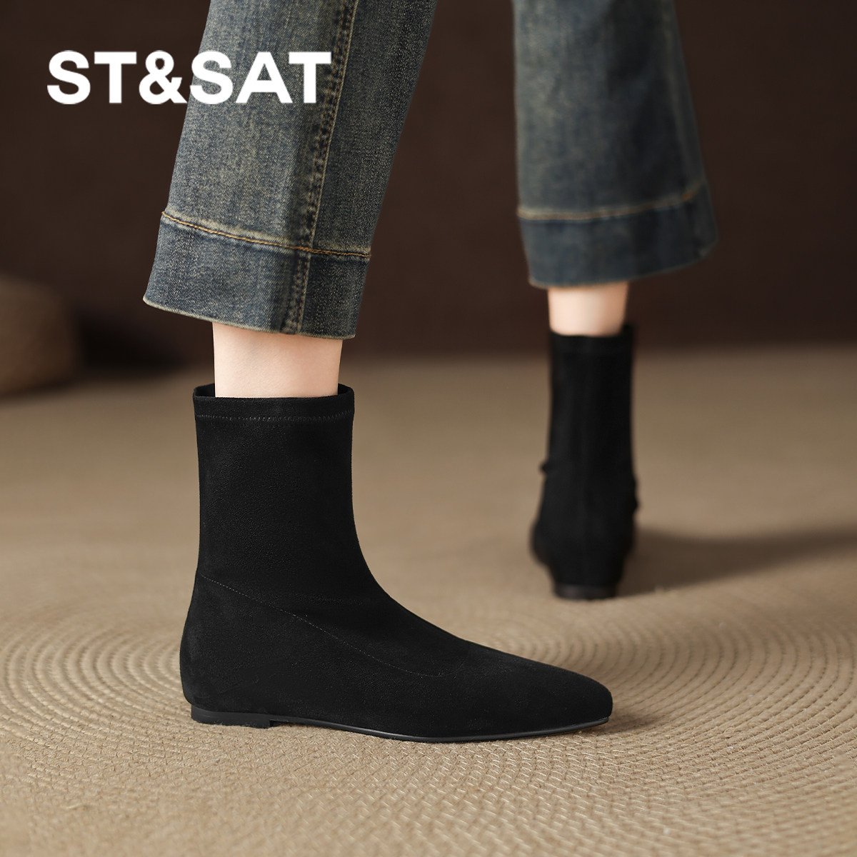 尖头短靴女绒面瘦瘦靴