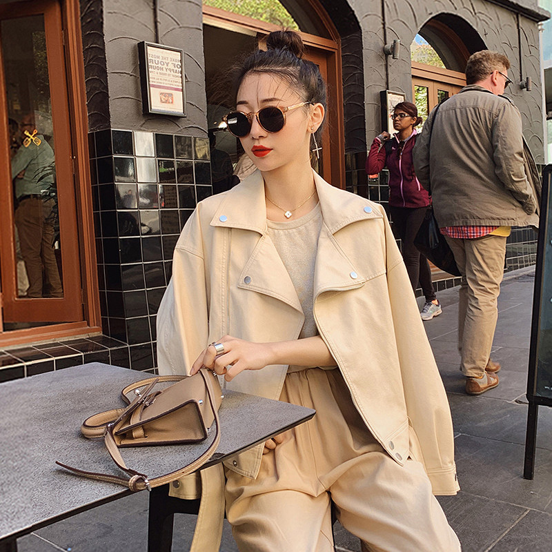 皮衣女2021年秋季新款西装领BF风帅气pu皮夹克机车服短款皮衣外套