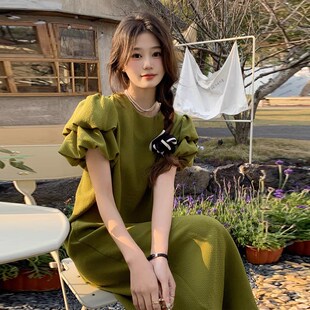 复古果绿色茶歇裙中长款 法式 直筒裙长裙子 连衣裙女2024新款 泡泡袖