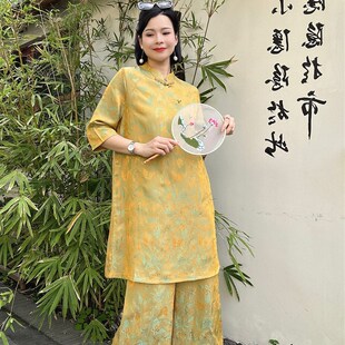 套装 2024春夏新中式 上衣宽松阔腿裤 短袖 两件套女 国风盘扣禅意唐装
